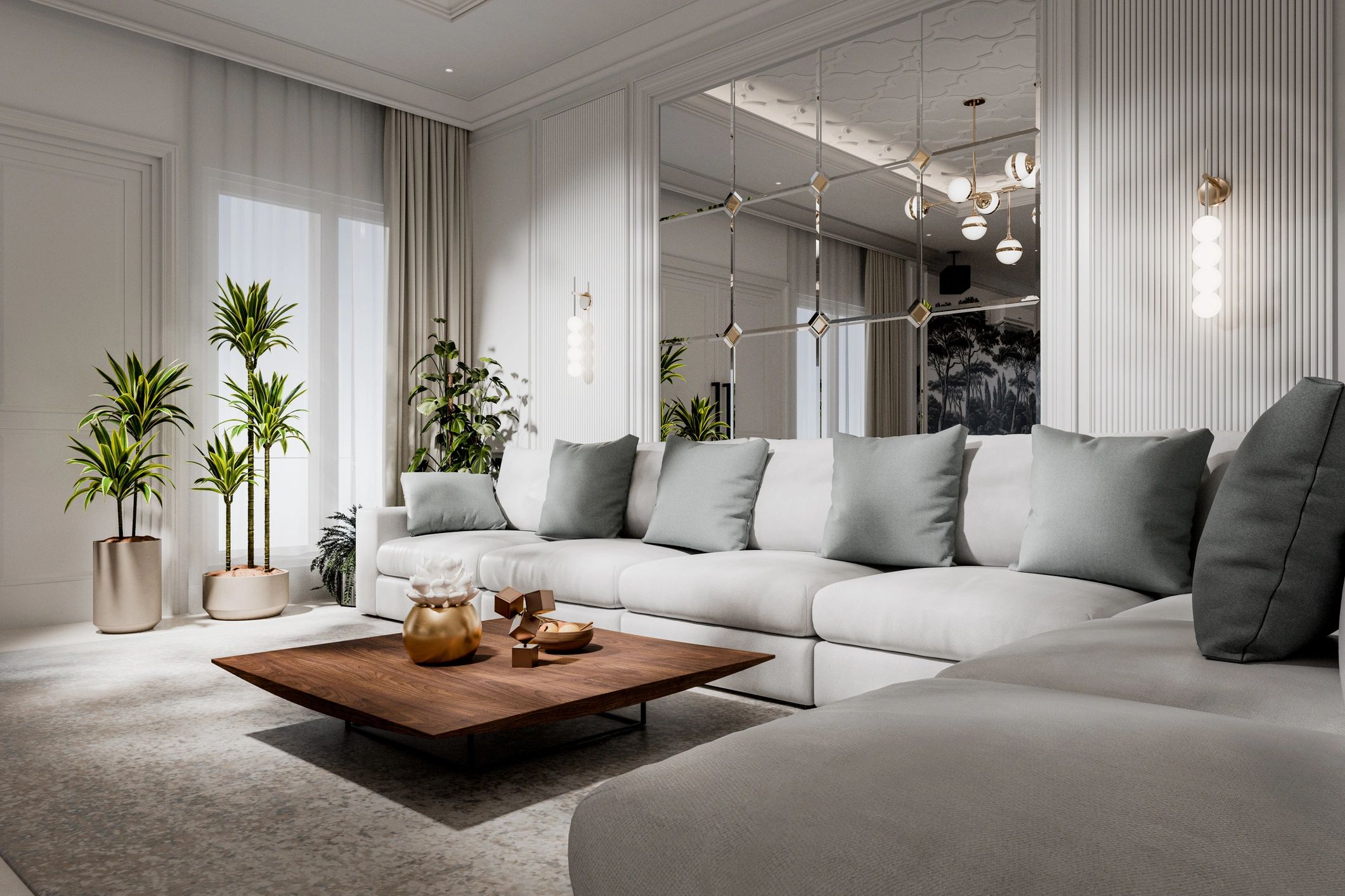 Neutral luxury living room with modern furnishings and soft natural light