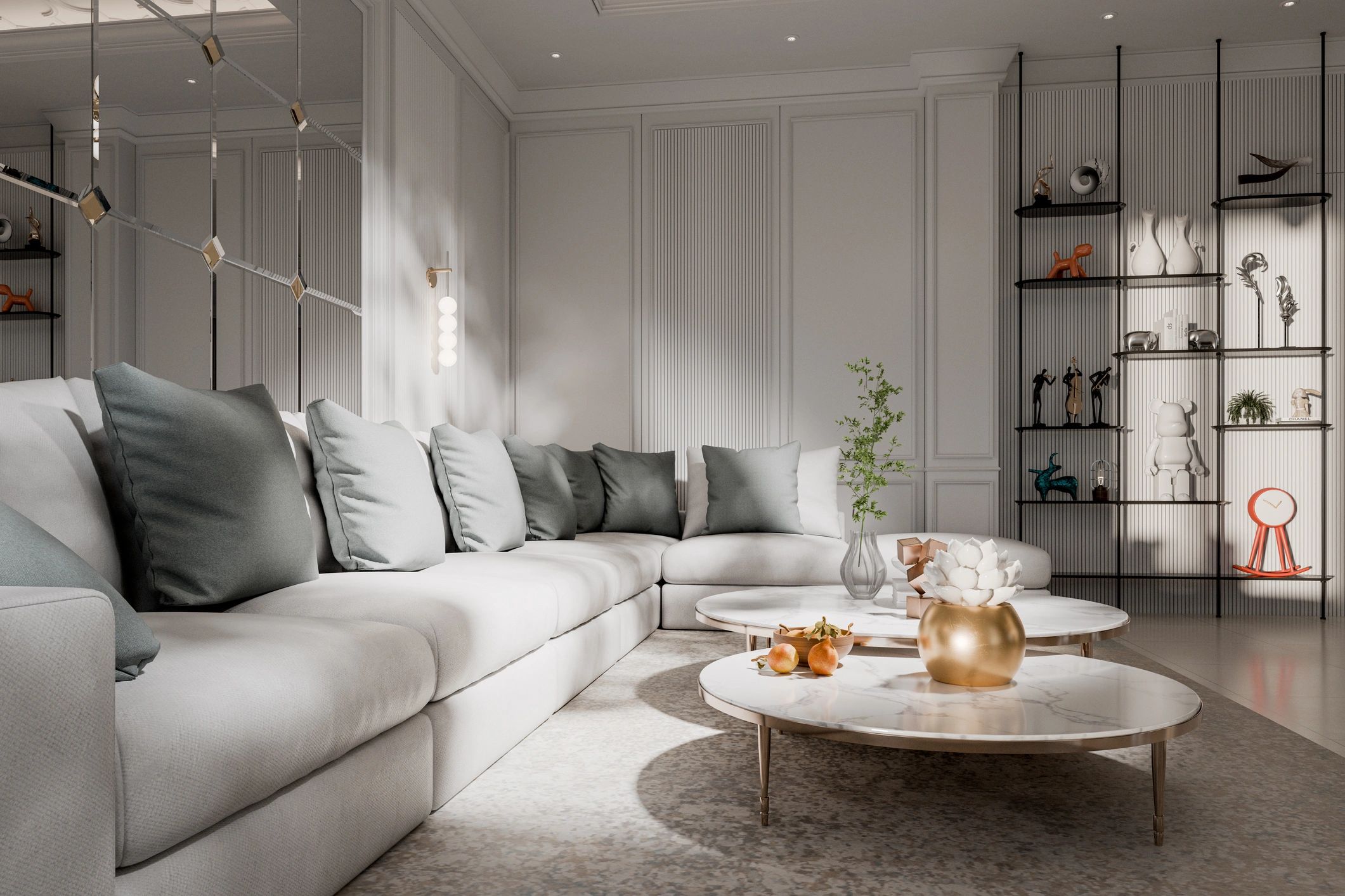 Minimal luxury living room interior with warm neutral tones