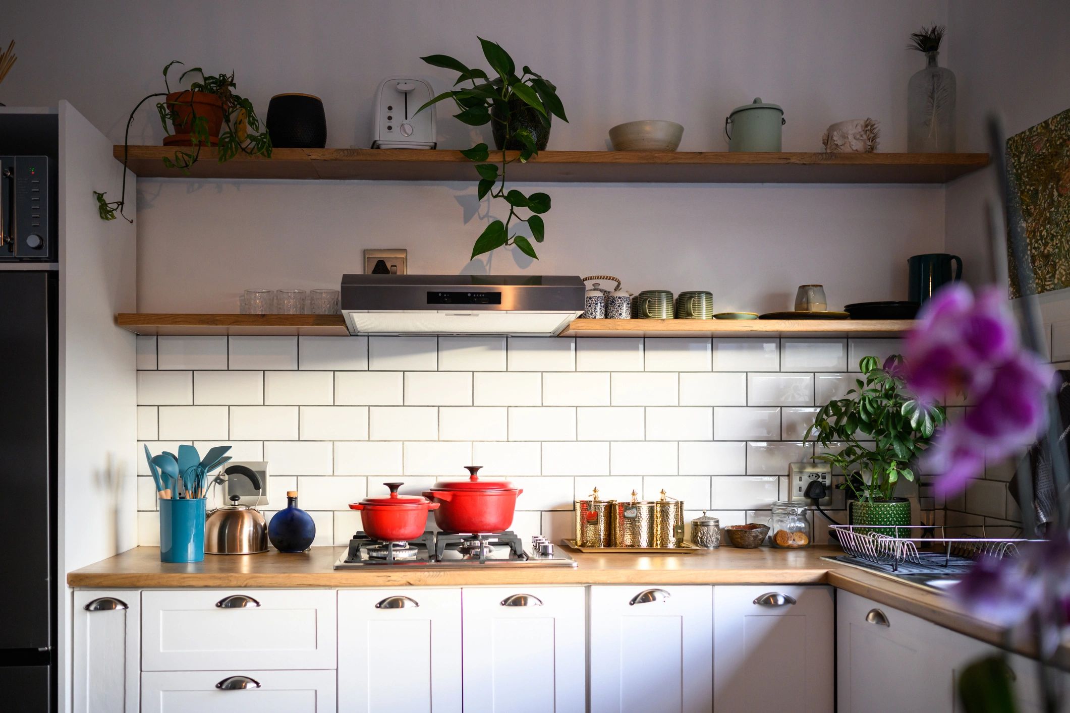 Bright modern kitchen with white cabinetry and clean backsplash