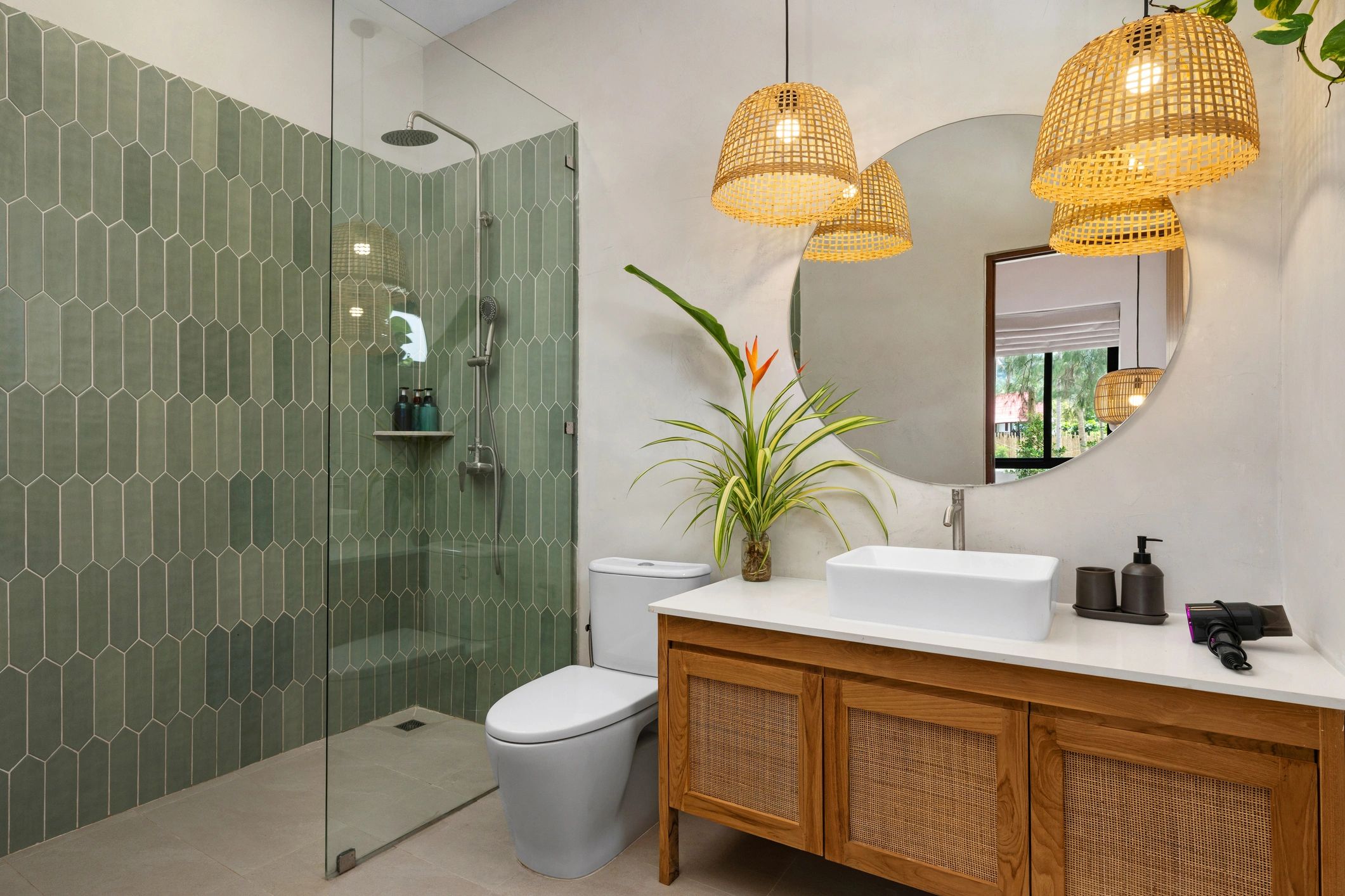 Modern bathroom with walk-in shower and warm wood vanity