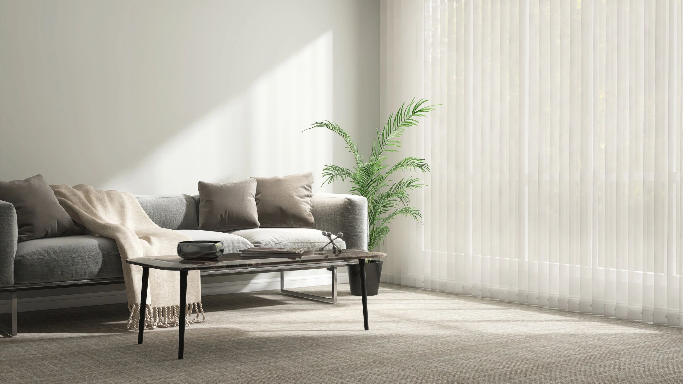 Minimal living room with gray sofa and soft daylight